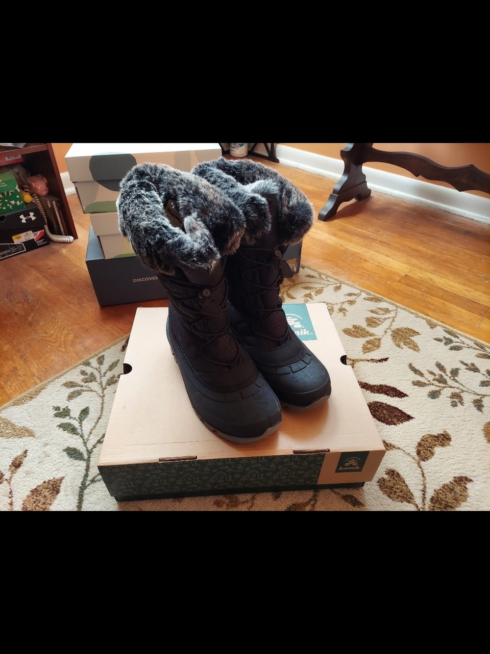 Kamik Black Lace-Up Winter Boots with Gray Faux Fur Cuff